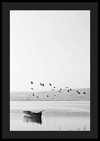 Black and white photo with flock of birds over a rowboat on lake-4