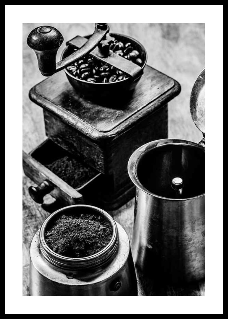 Black and white photo of old coffee grinder and coffee beans-12