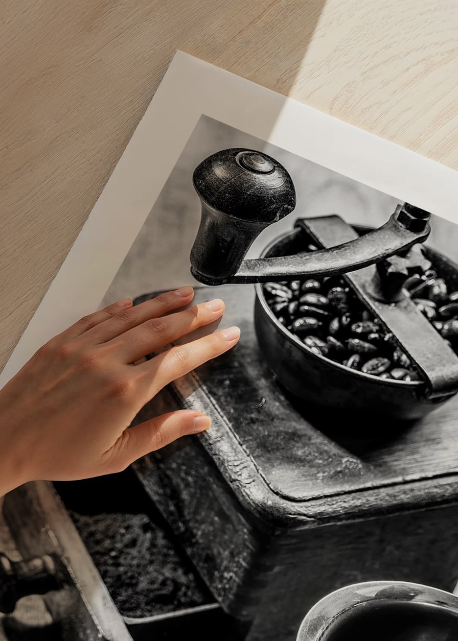 Black and white photo of old coffee grinder and coffee beans-12