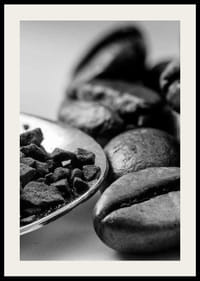 Svartvit närbild av kaffebönor och kaffepulver på sked-2