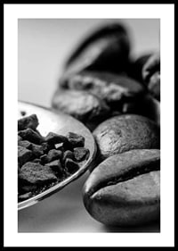 Black and white close-up of coffee beans and coffee powder on spoon-0