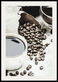 Photographic close-up of coffee cup and coffee beans in warm tones-2