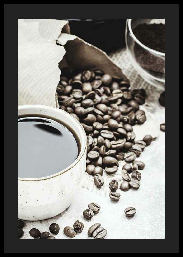 Photographic close-up of coffee cup and coffee beans in warm tones-12