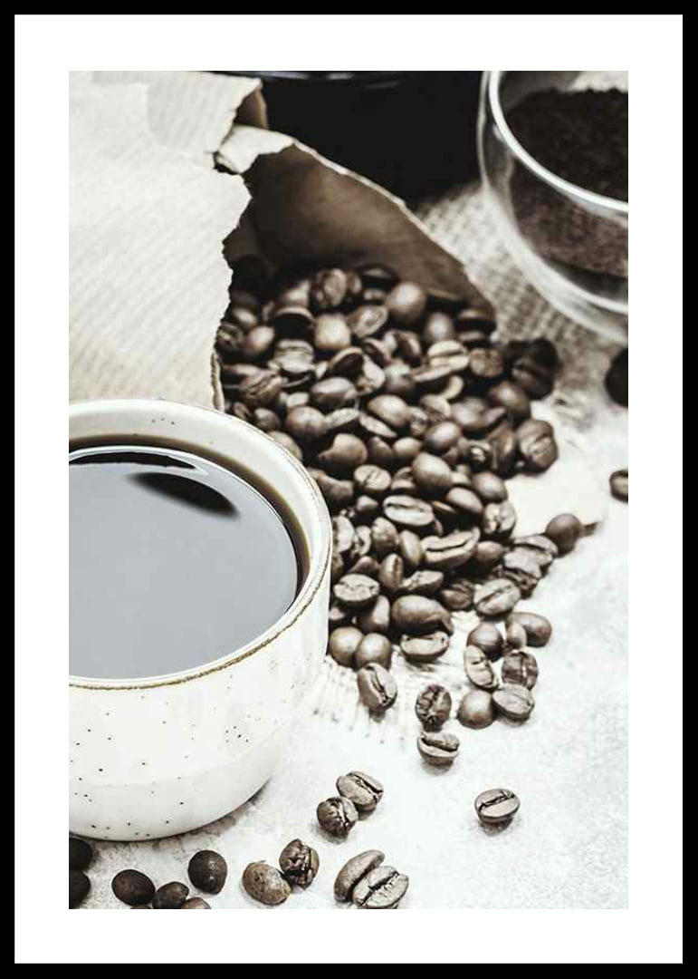 Photographic close-up of coffee cup and coffee beans in warm tones-12