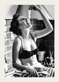 Black and white photo art with woman eating spaghetti in kitchen-3