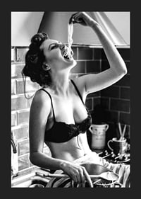 Black and white photo art with woman eating spaghetti in kitchen-5