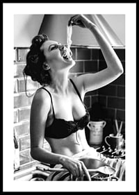 Black and white photo art with woman eating spaghetti in kitchen-0