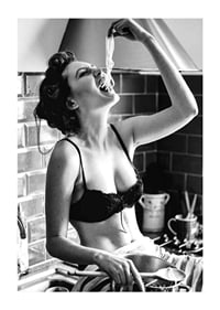 Black and white photo art with woman eating spaghetti in kitchen-1