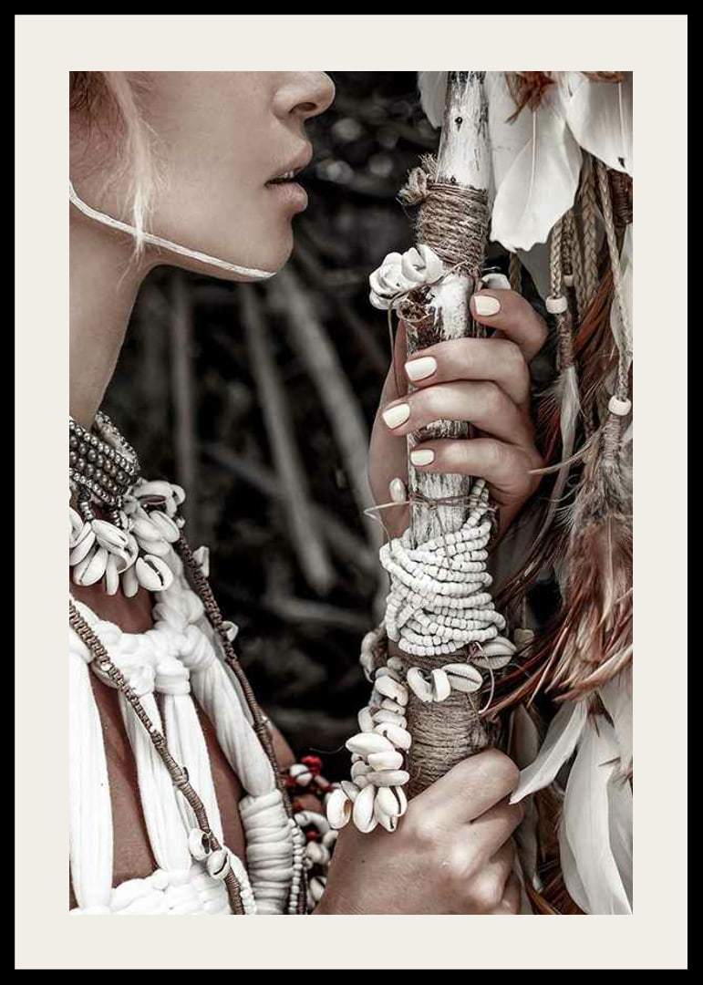 Close-up of woman with jewelry and shells in natural tones-12
