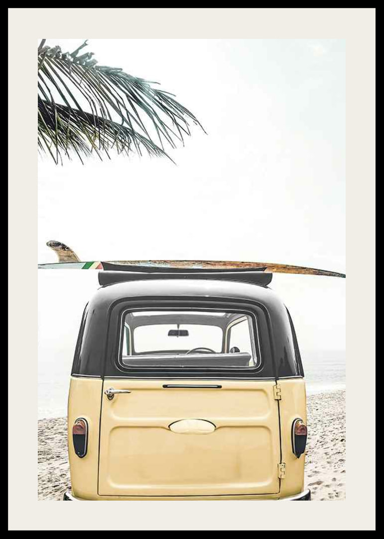 Yellow retro bus with surfboard on the roof at sandy beach-12