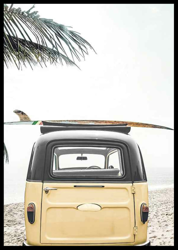 Yellow retro bus with surfboard on the roof at sandy beach-12