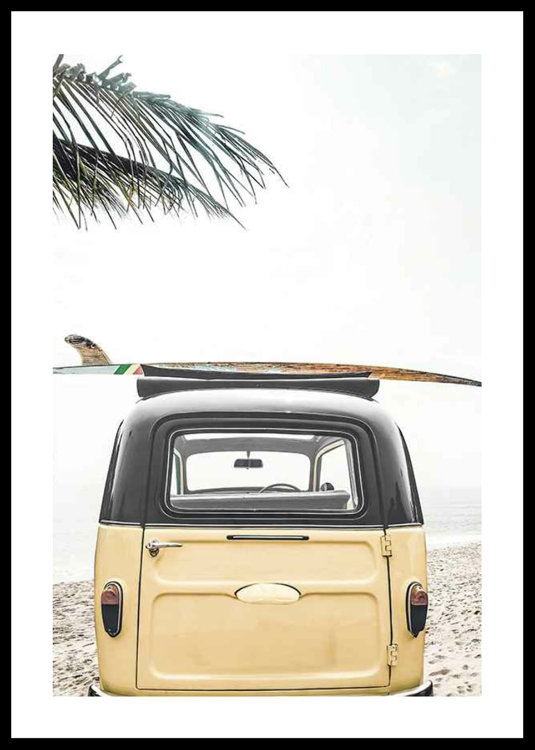 Yellow retro bus with surfboard on the roof at sandy beach-12