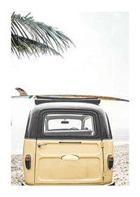 Yellow retro bus with surfboard on the roof at sandy beach-1