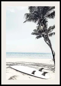 Photographic surfboard on sandy beach with palm trees and sea-2