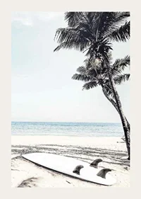 Photographic surfboard on sandy beach with palm trees and sea-3