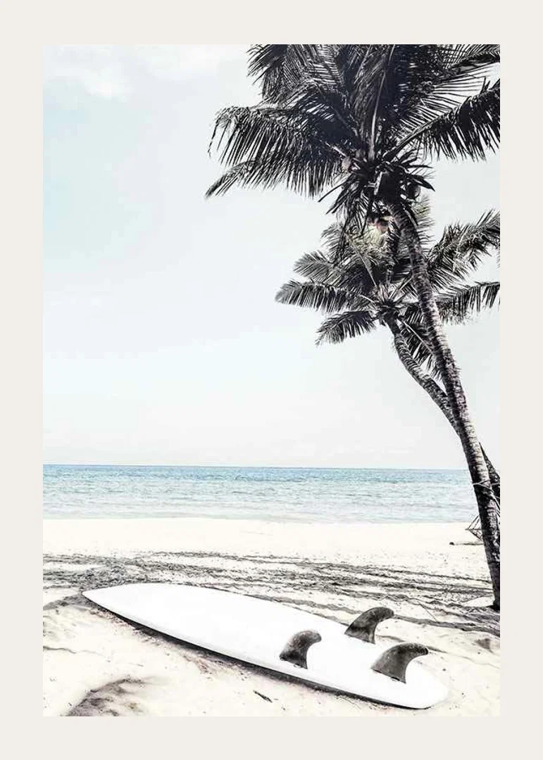 Photographic surfboard on sandy beach with palm trees and sea-12