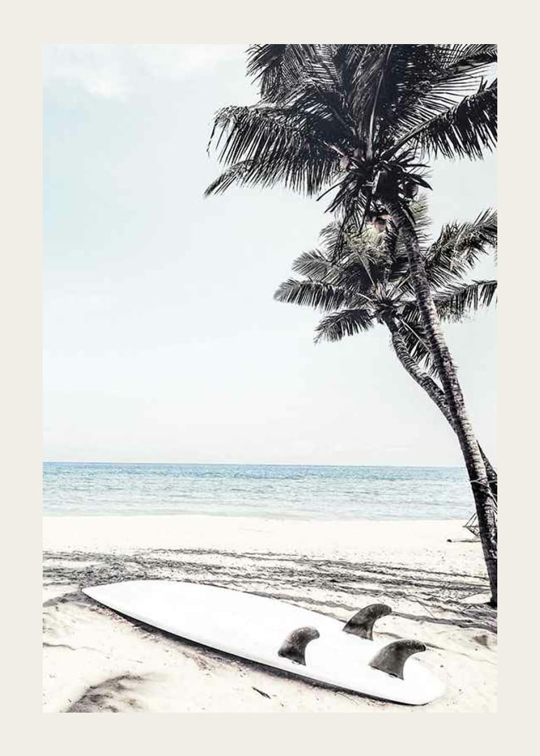 Fotografisch surfplank op zandstrand met palmbomen en zee-12