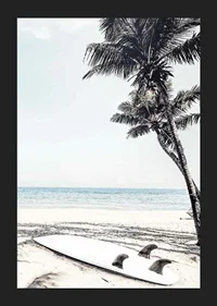 Photographic surfboard on sandy beach with palm trees and sea-5