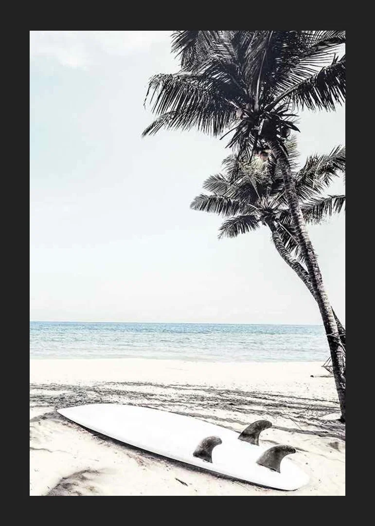 Photographic surfboard on sandy beach with palm trees and sea-12