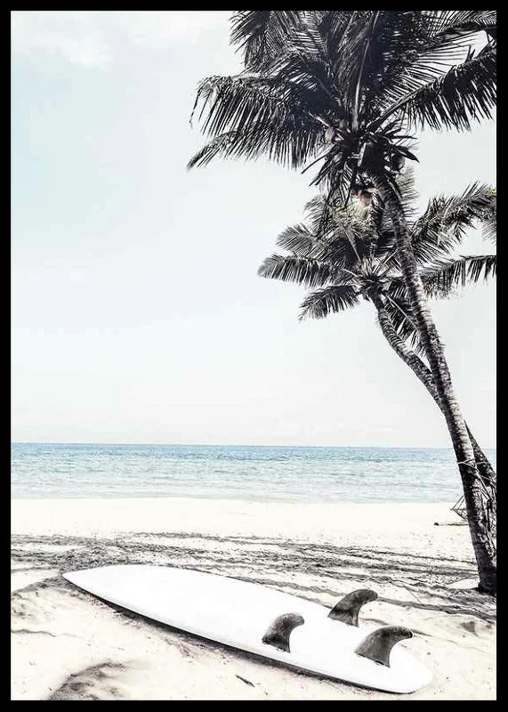 Photographic surfboard on sandy beach with palm trees and sea-12