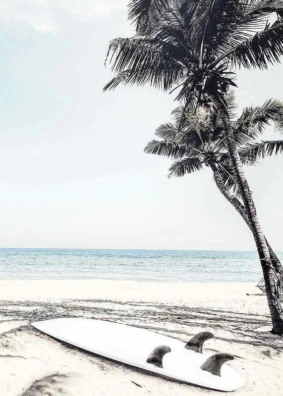 Photographic surfboard on sandy beach with palm trees and sea-12