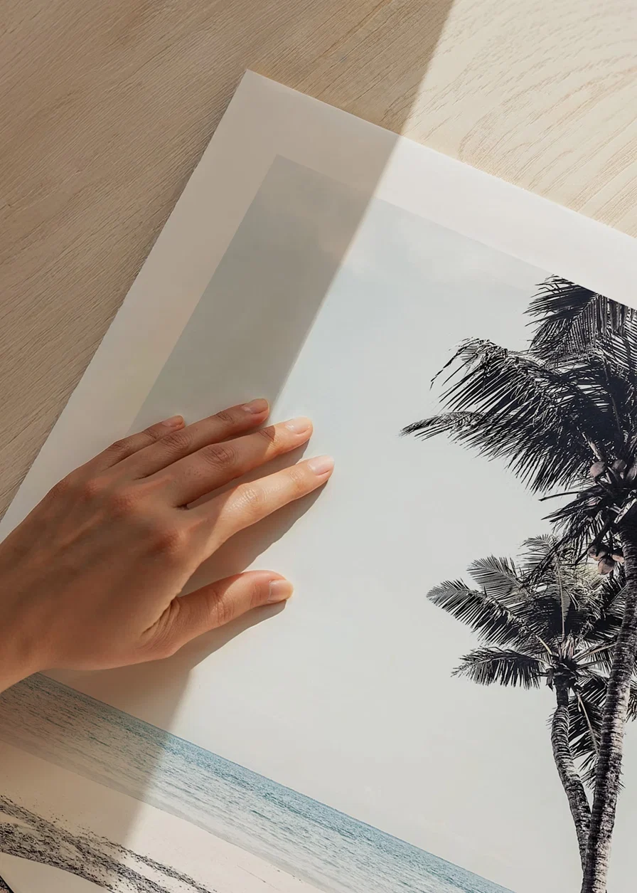 Photographic surfboard on sandy beach with palm trees and sea-12