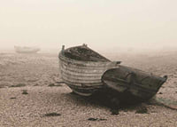 Photograph of old wooden boat on rocky beach in fog-7