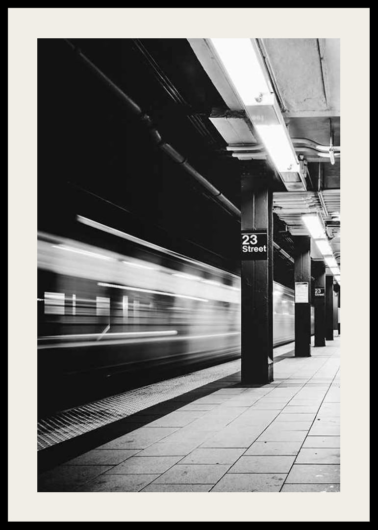 Black and white view of subway platform on 23rd Street in New York-12