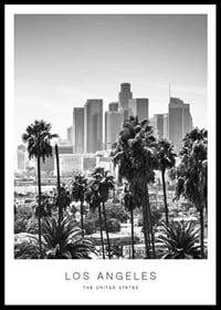 Black and white view of Los Angeles skyline with palm trees in the foreground-0
