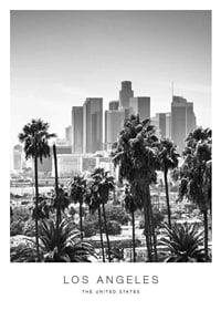 Black and white view of Los Angeles skyline with palm trees in the foreground-1