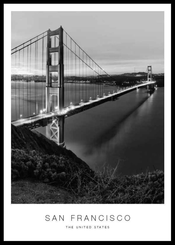 Black and white photograph of the Golden Gate Bridge over the water at dusk-12