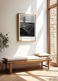 Black and white photograph of the Golden Gate Bridge over the water at dusk-2