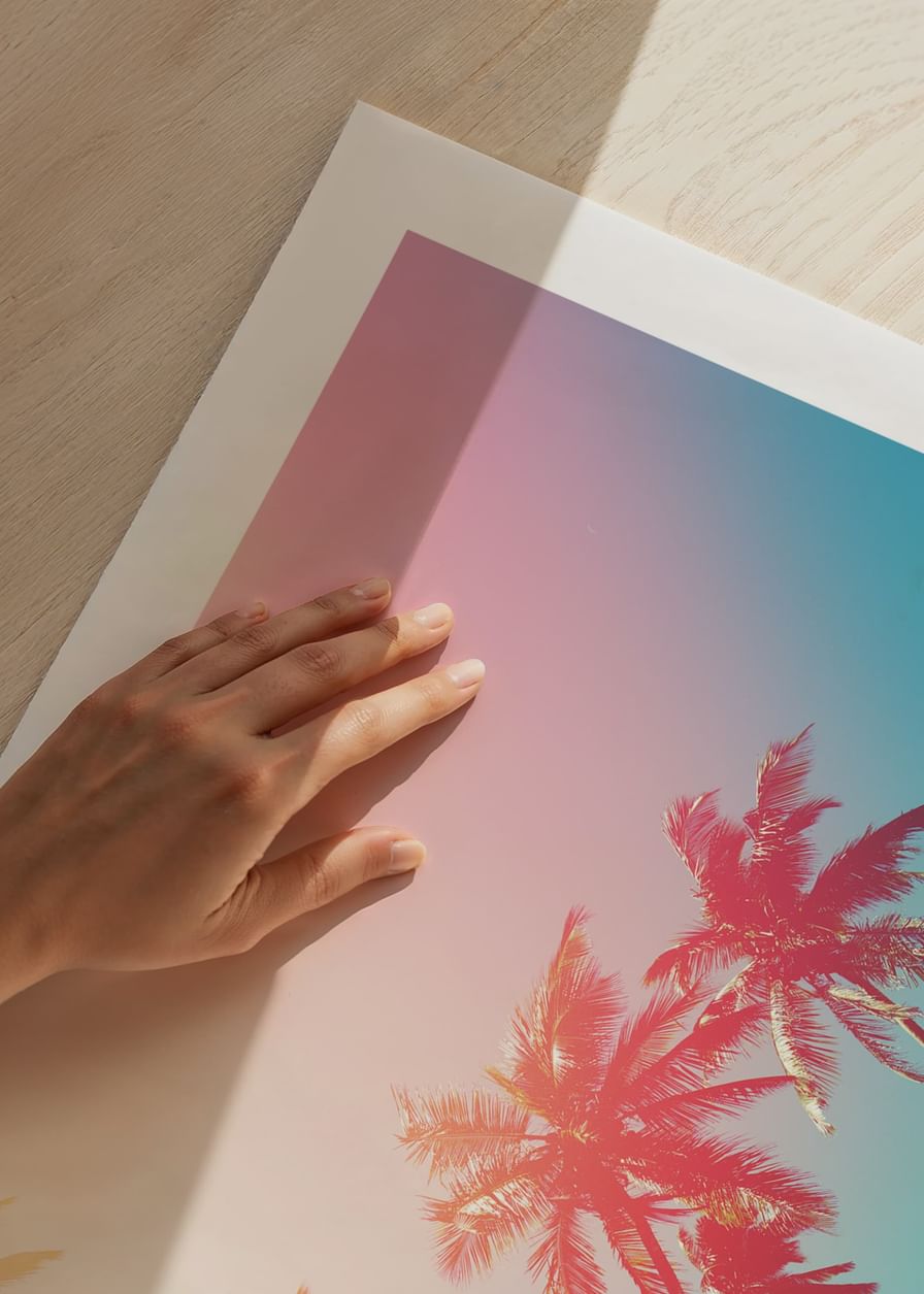 Poster with a colorful image of palm trees in pink and turquoise in backlight-12