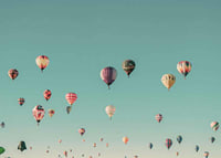 Colorful hot air balloons against clear turquoise sky, photography-7