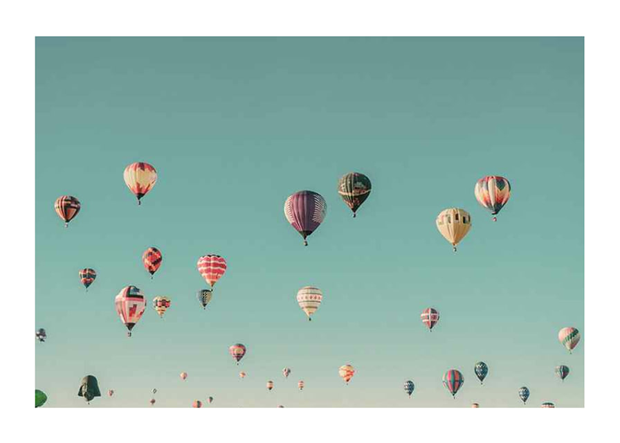 Colorful hot air balloons against clear turquoise sky, photography-12