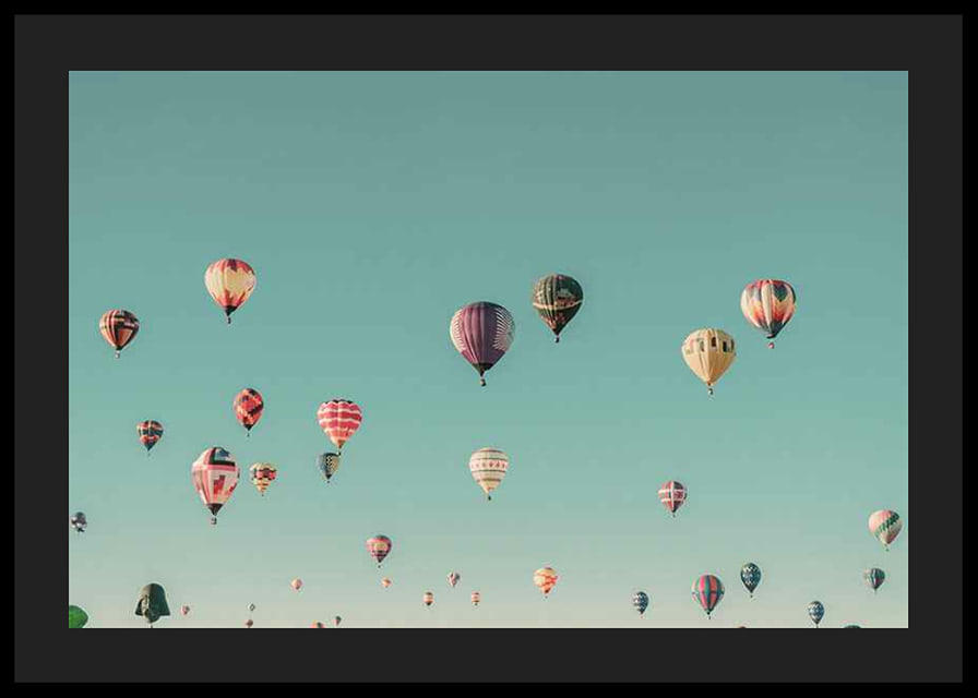 Colorful hot air balloons against clear turquoise sky, photography-12