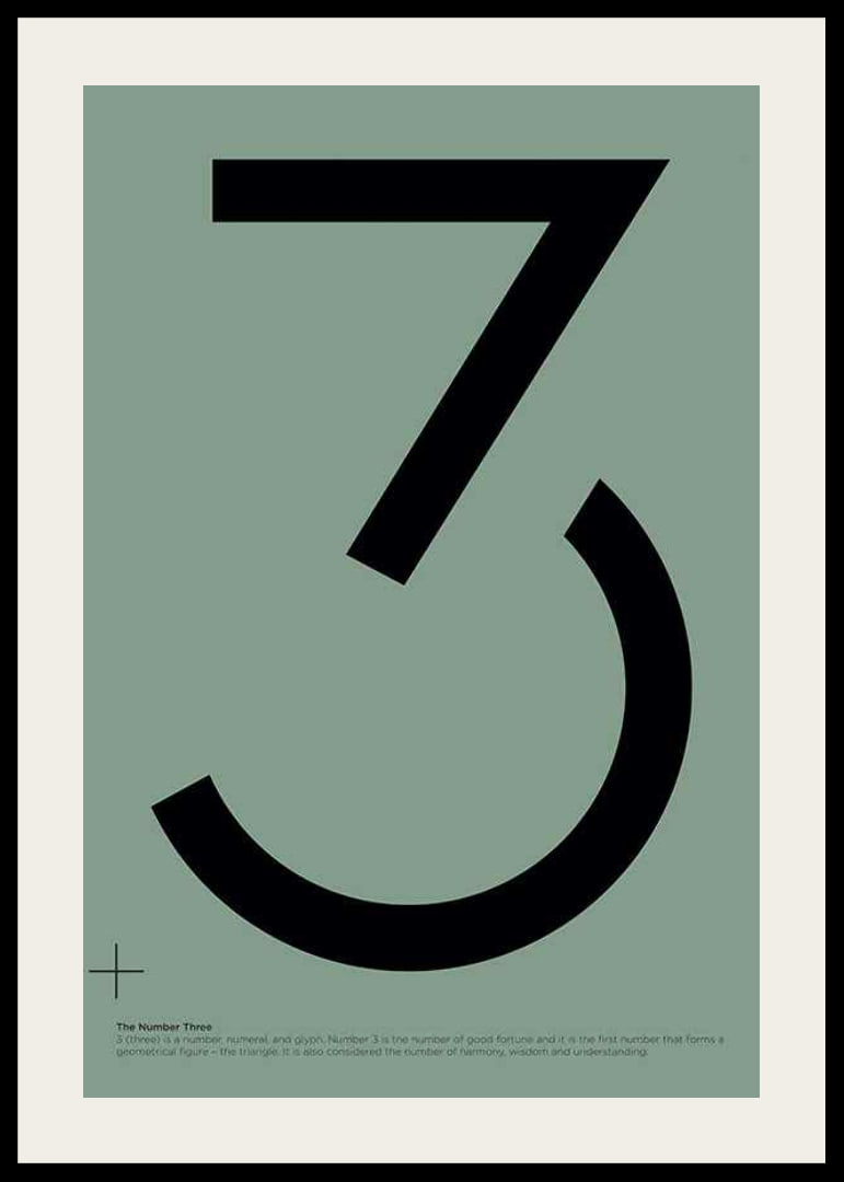 Graphic number three in black against a muted green background-12