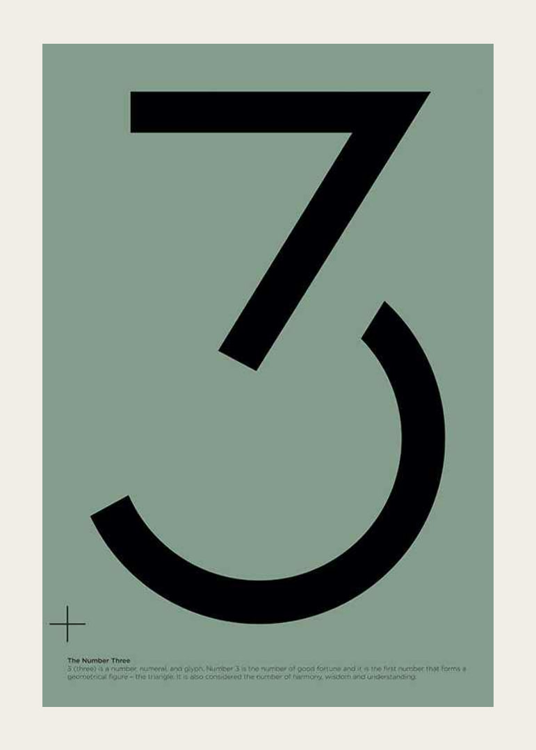 Graphic number three in black against a muted green background-12