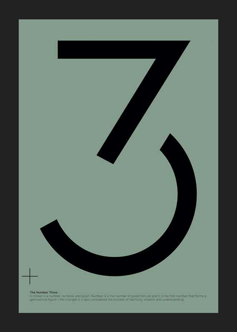 Graphic number three in black against a muted green background-12