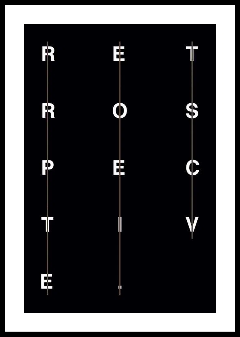 Grafisk text i vitt på svart bakgrund med ordet retrospective-12