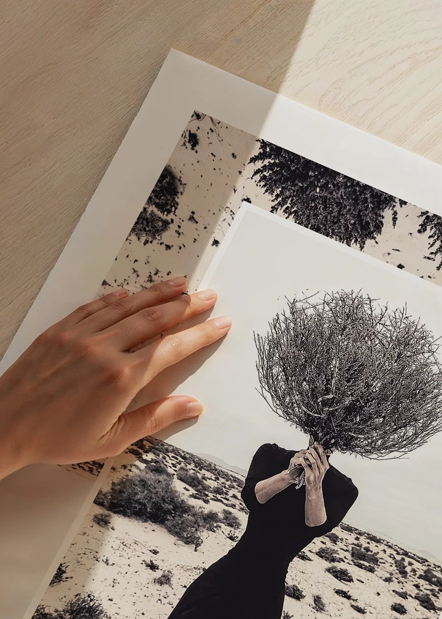 Photo art of woman in black dress with bush covering her face-12