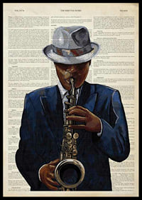 Illustration of saxophonist in blue suit against text background-0