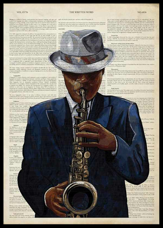 Illustration of saxophonist in blue suit against text background-12