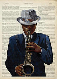 Illustration of saxophonist in blue suit against text background-1