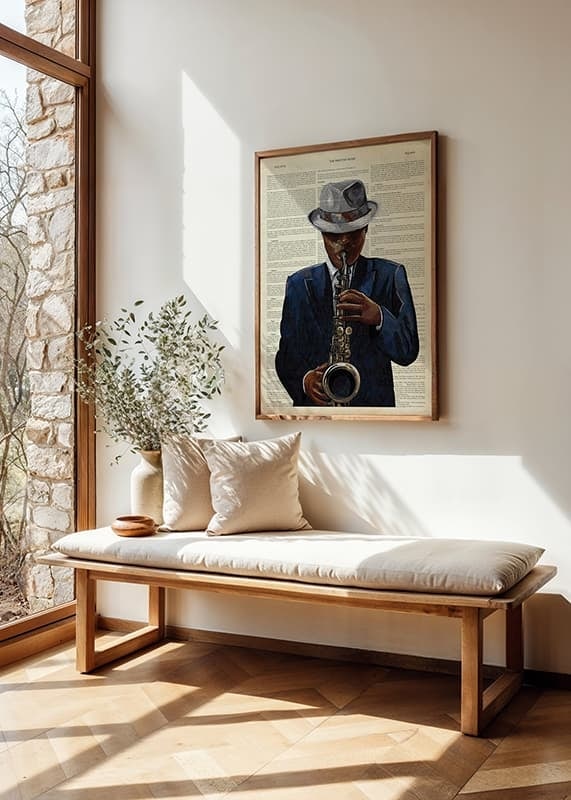 Illustration of saxophonist in blue suit against text background-12