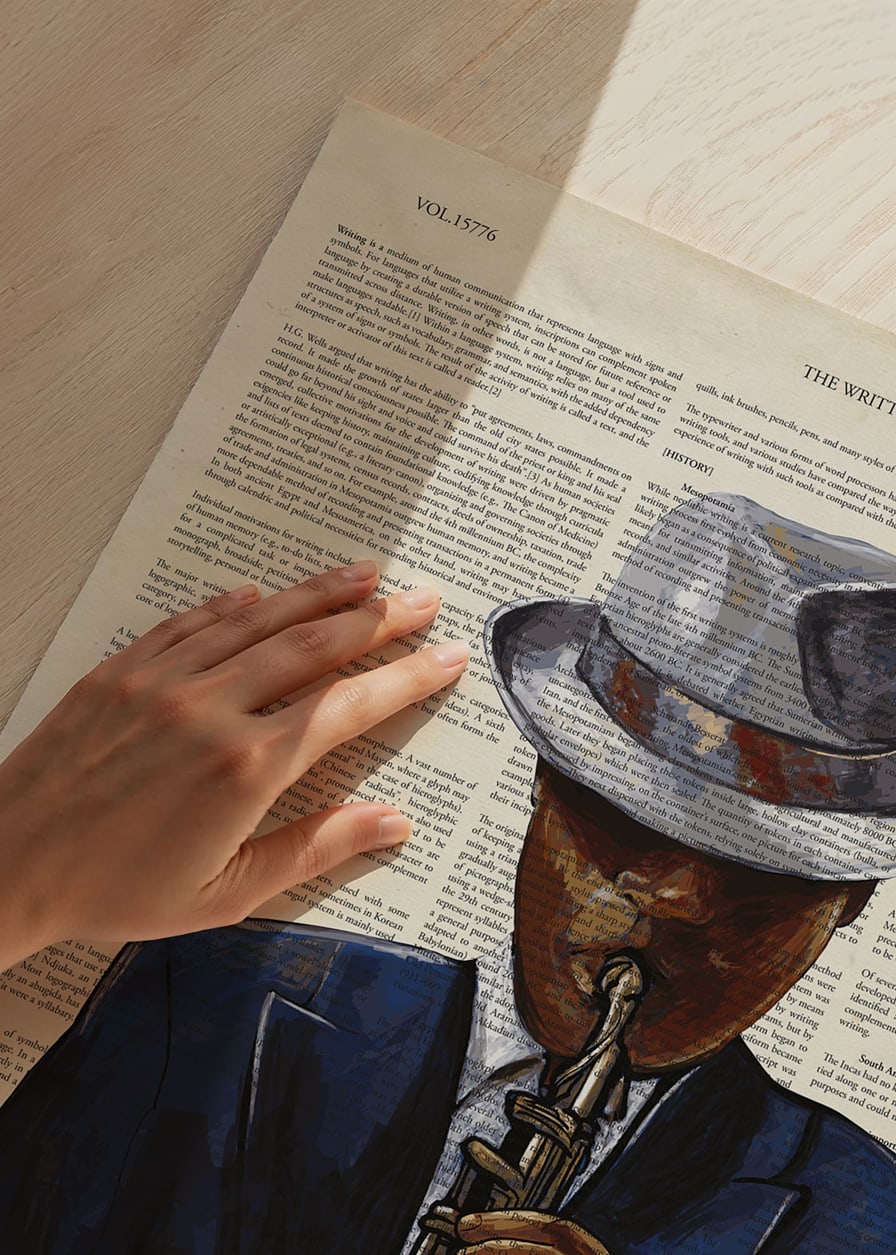 Illustration of saxophonist in blue suit against text background-12
