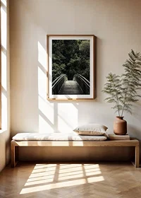 Photograph of metal footbridge leading into dense green forest-8
