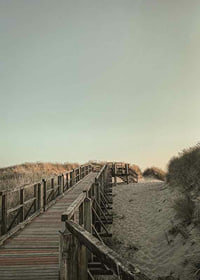 Photograph of wooden pier over sand dunes against bright sky-7