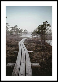 Photograph of wooden bridge in foggy swamp landscape outside Riga-0