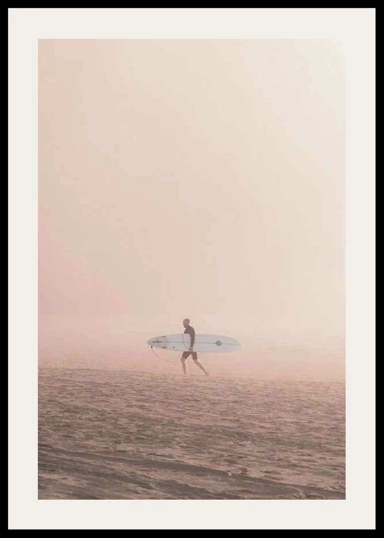 Photographic surfer with board on beach in fog, beige tones-12